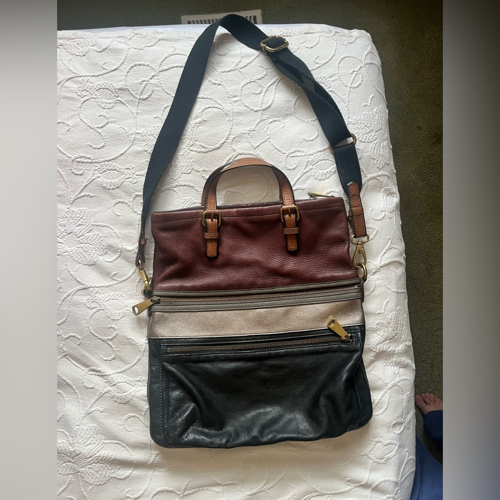Fossil Brown, Black, and Cream Messenger Bag